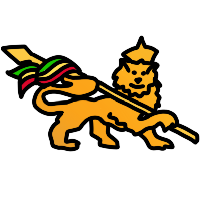 a gold lion with a crown carrying a spear. a flag with horizontal stripes of green, yellow and red is flying from the spear.